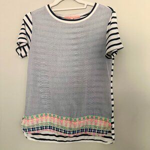 Vilagallo Striped Top Embroidered Tweed Multi texture Short Sleeve T-Shirt - XS